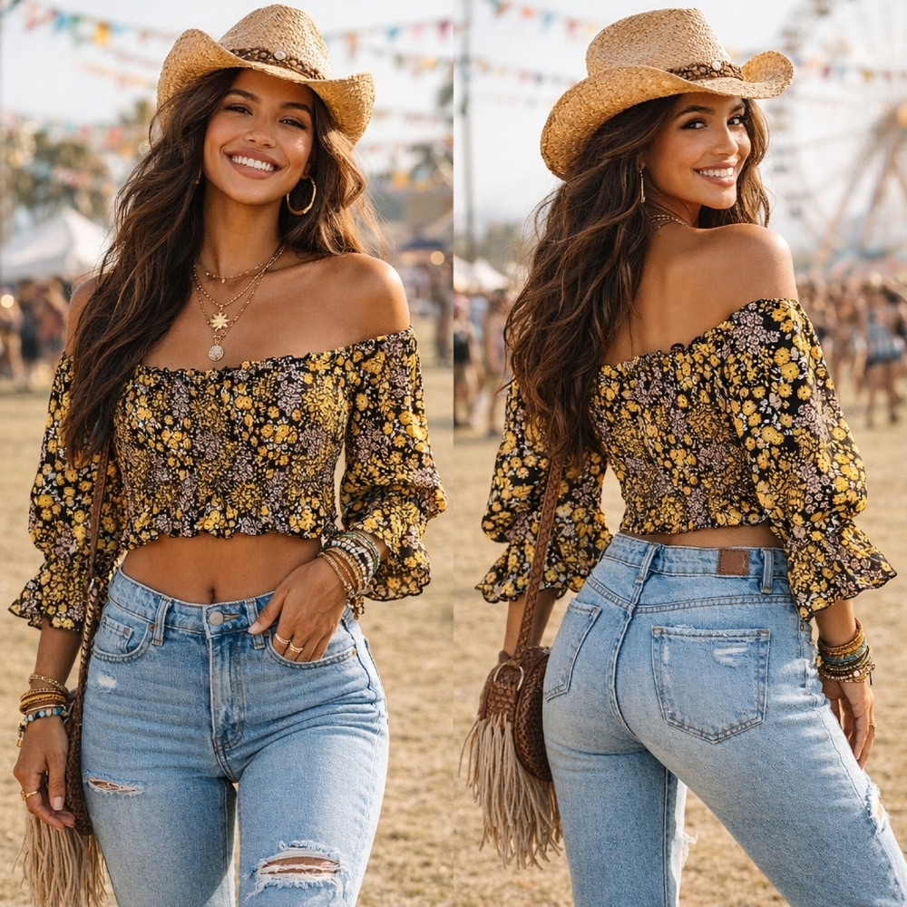 Topshop Boho Smocked Off Shoulder Crop Top Womens 10 Black Floral Ruffle Sleeve